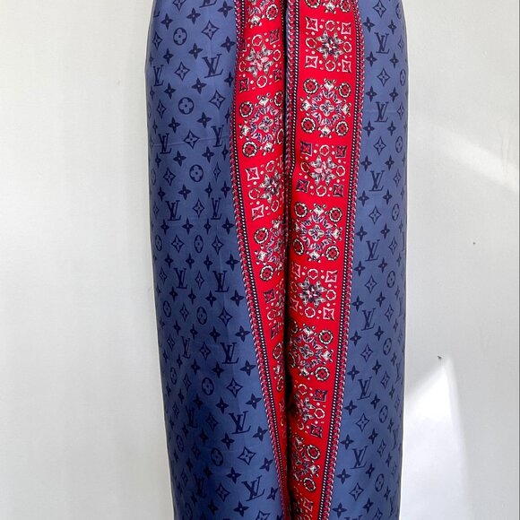 New Louis Vuitton Oversize Scarf Monogram Giant Blue Red Silk Wrap - Picture 2 of 16